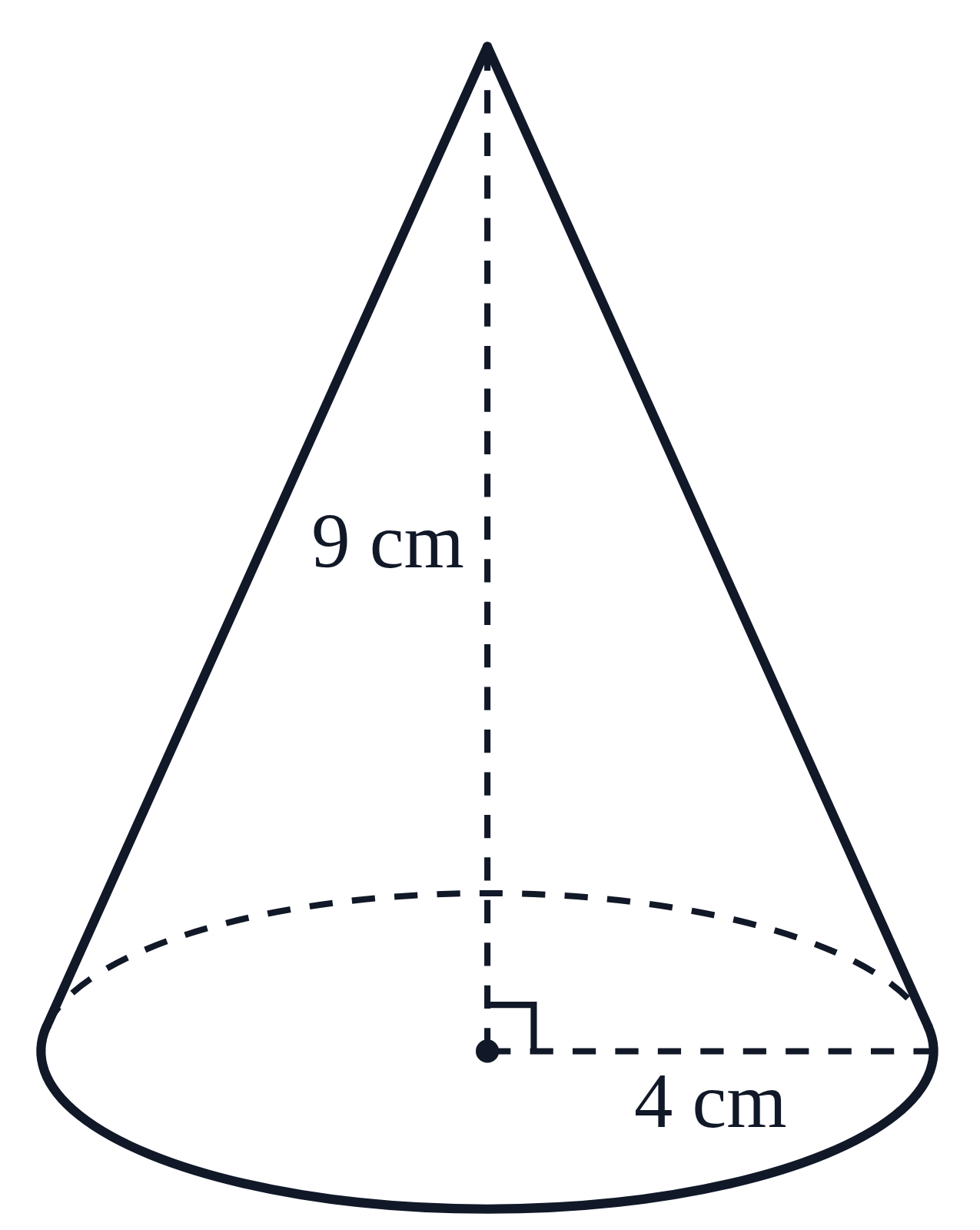 A cone with its dashed height labeled 9 cm and a dashed radius labeled 4 cm on its base
