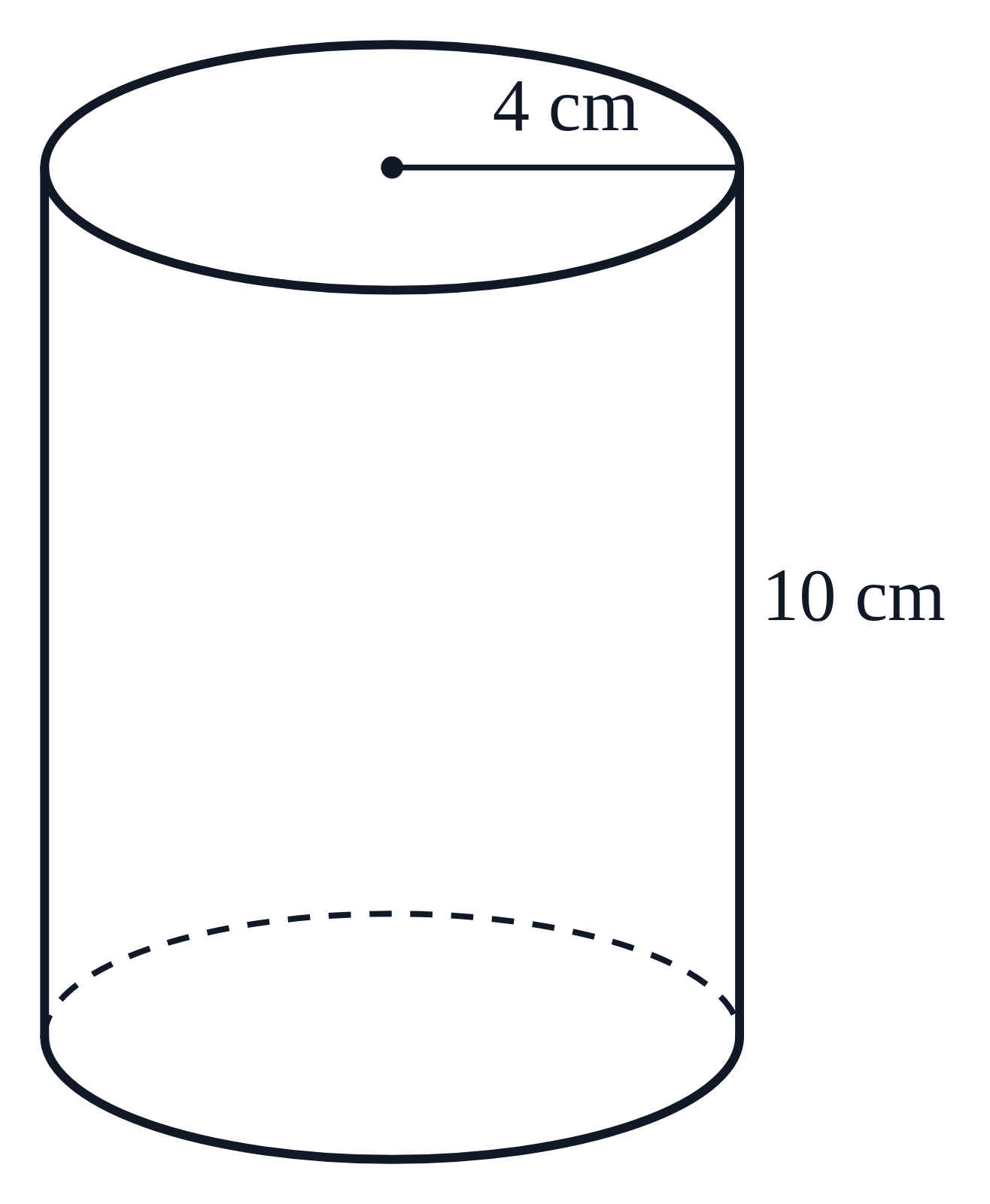A cylinder with its radius drawn on the top circle and labeled 4 cm, and its height labeled 10 cm