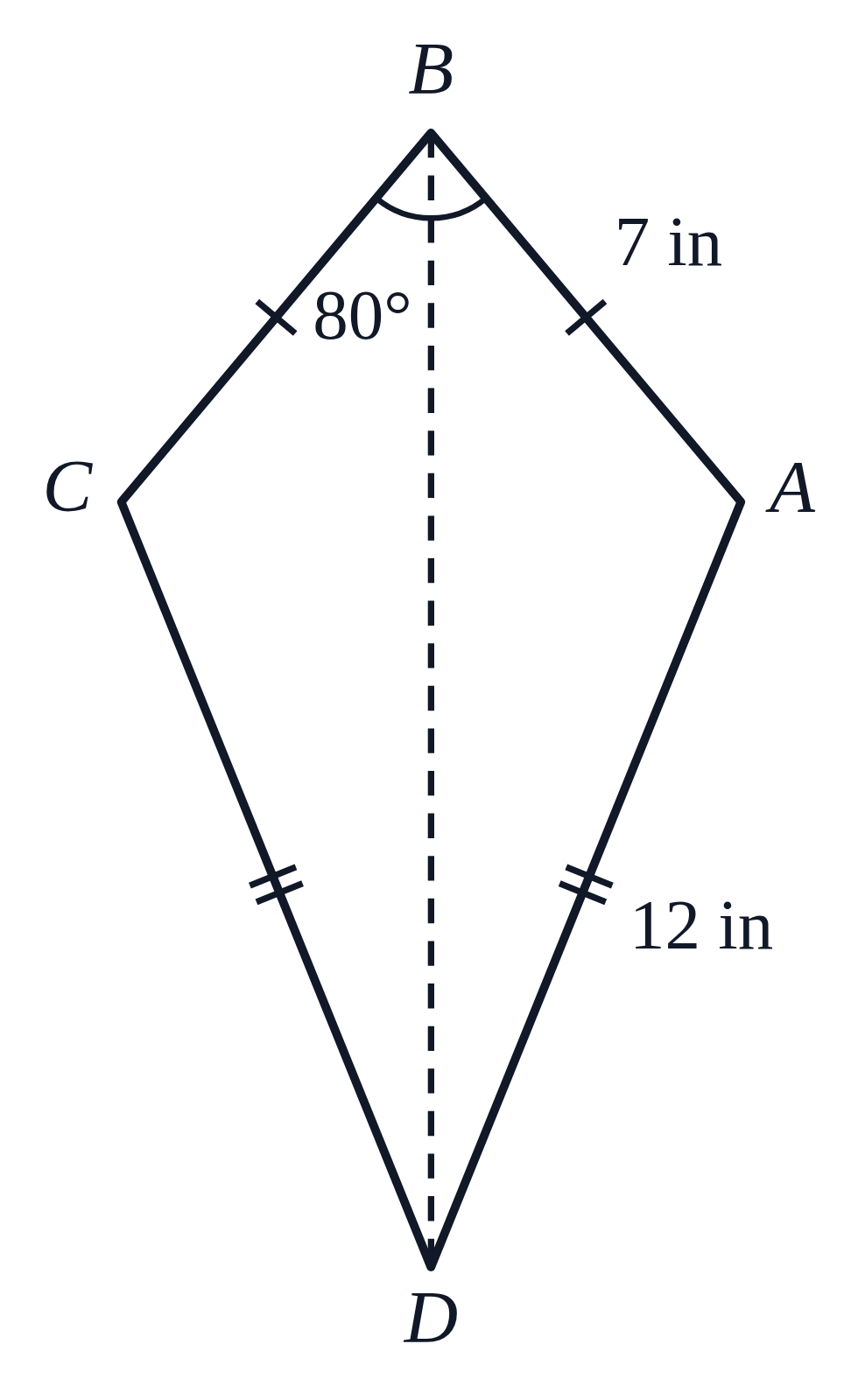 A kite with sides 7 in and 12 in and angle B 80 degrees, with the diagonal BD drawn dashed as its line of symmetry