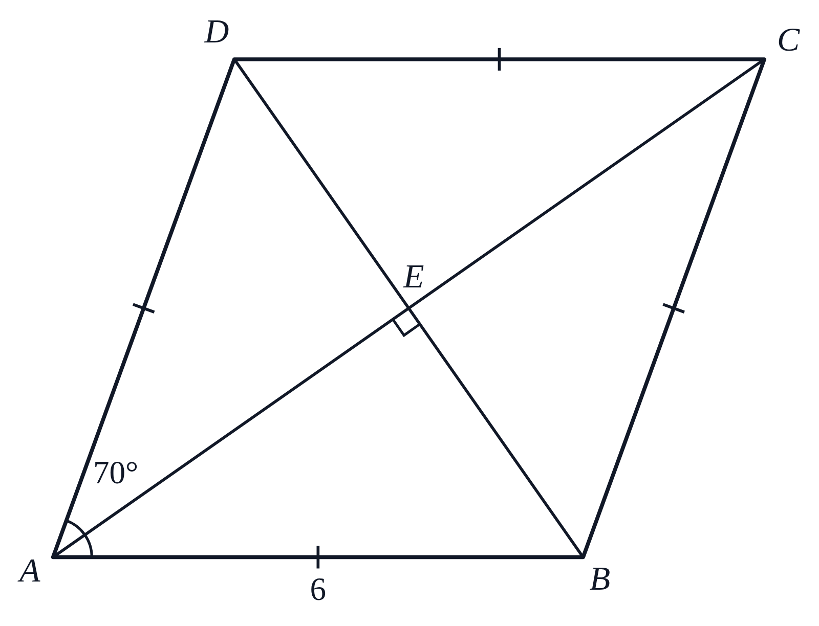 A rhombus ABCD with side 6 and angle A 70 degrees, each side marked with one tick, its diagonals crossing at E with a right-angle square
