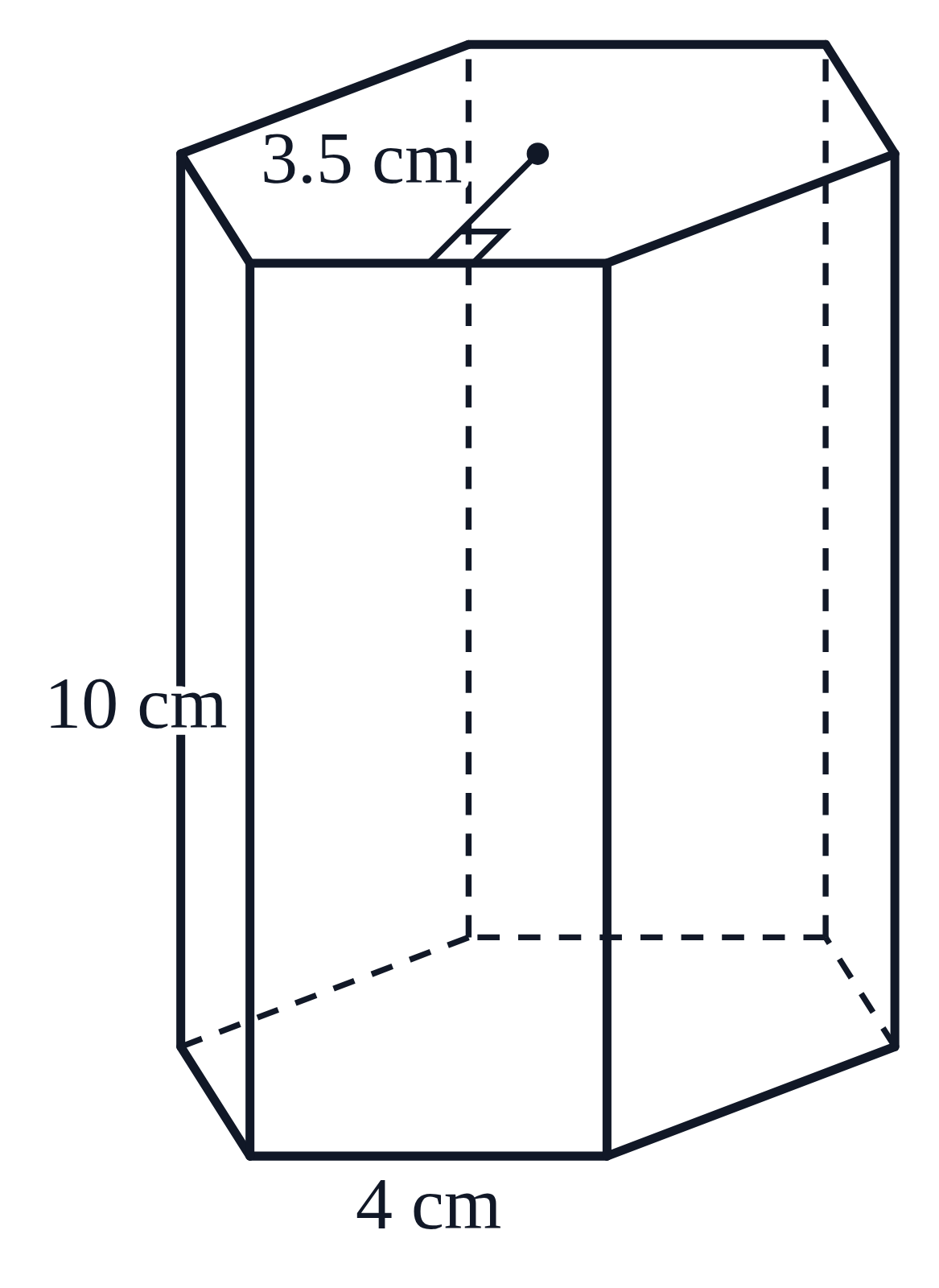A hexagonal prism with a side labeled 4 cm, its height 10 cm, and an apothem of 3.5 cm drawn on its top face
