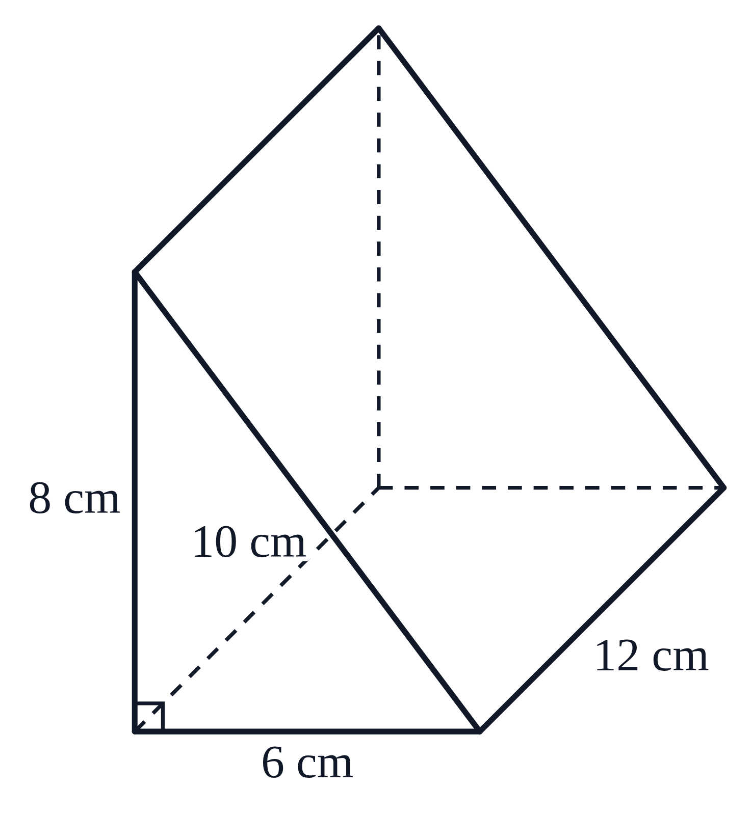 A triangular prism lying on its side, its right triangle end labeled 6 cm, 8 cm and 10 cm, and its length 12 cm