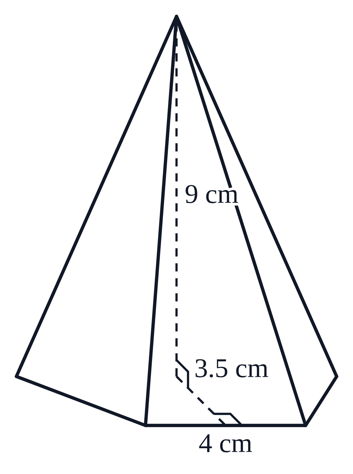A hexagonal pyramid with a base side labeled 4 cm, its dashed height 9 cm and the base’s apothem 3.5 cm
