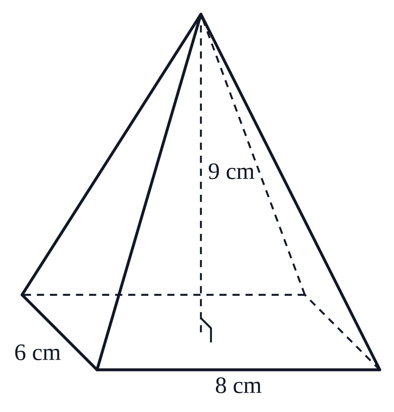 A rectangular pyramid with base edges labeled 8 cm and 6 cm and its dashed height labeled 9 cm