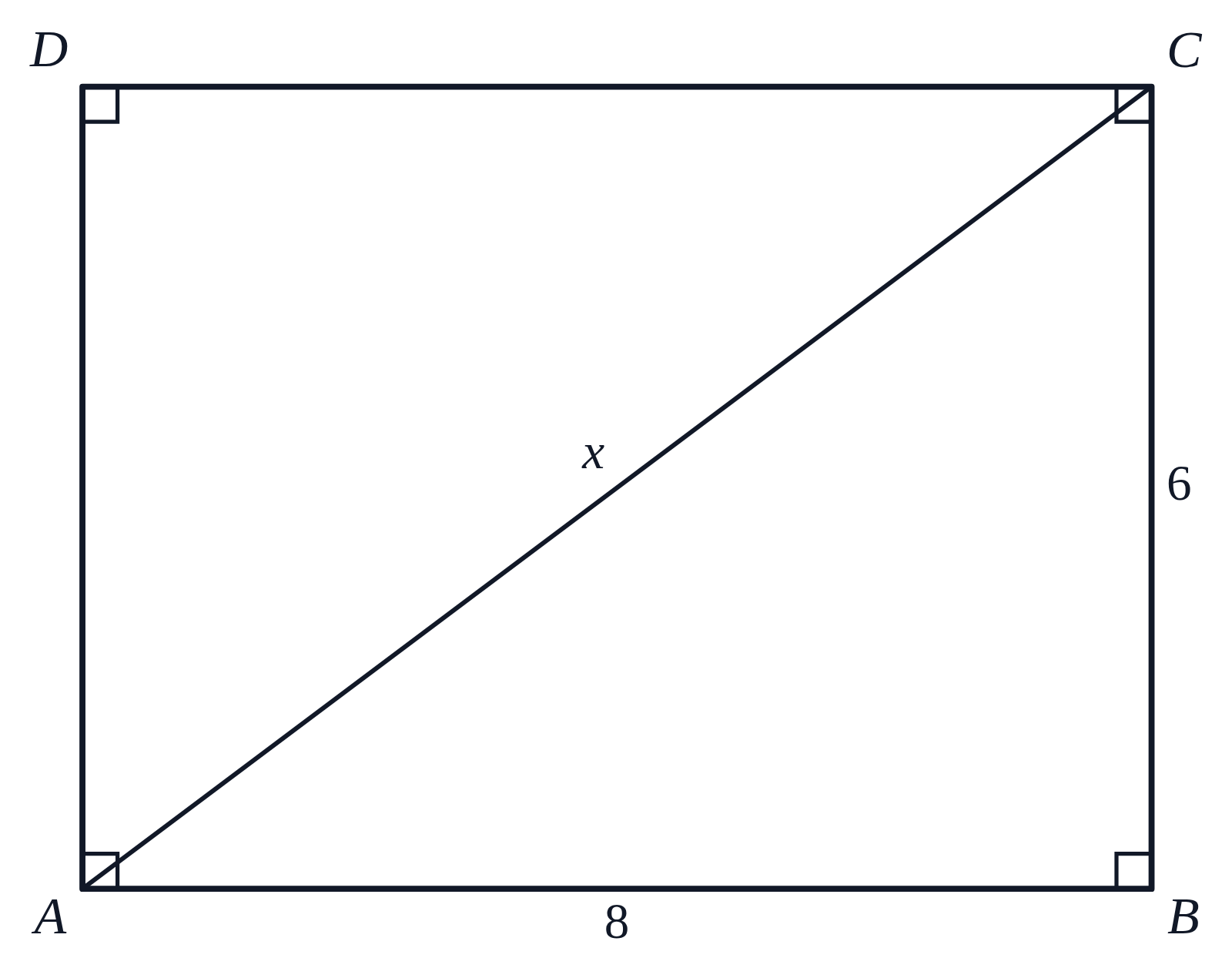 A rectangle 8 by 6 with diagonal AC drawn and labeled x