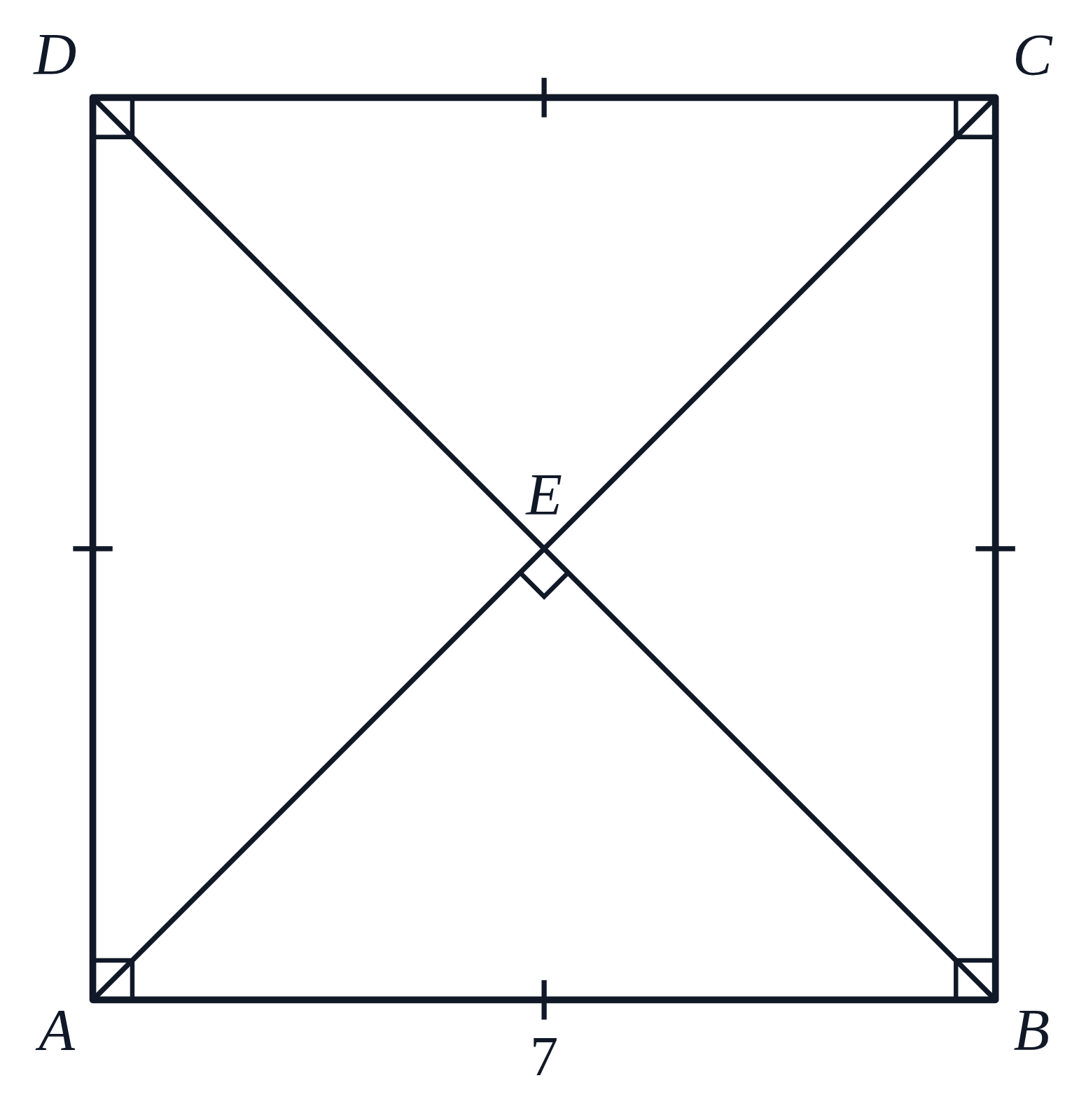 A square ABCD with every side marked with one tick, its diagonals AC and BD crossing at E with a right-angle square