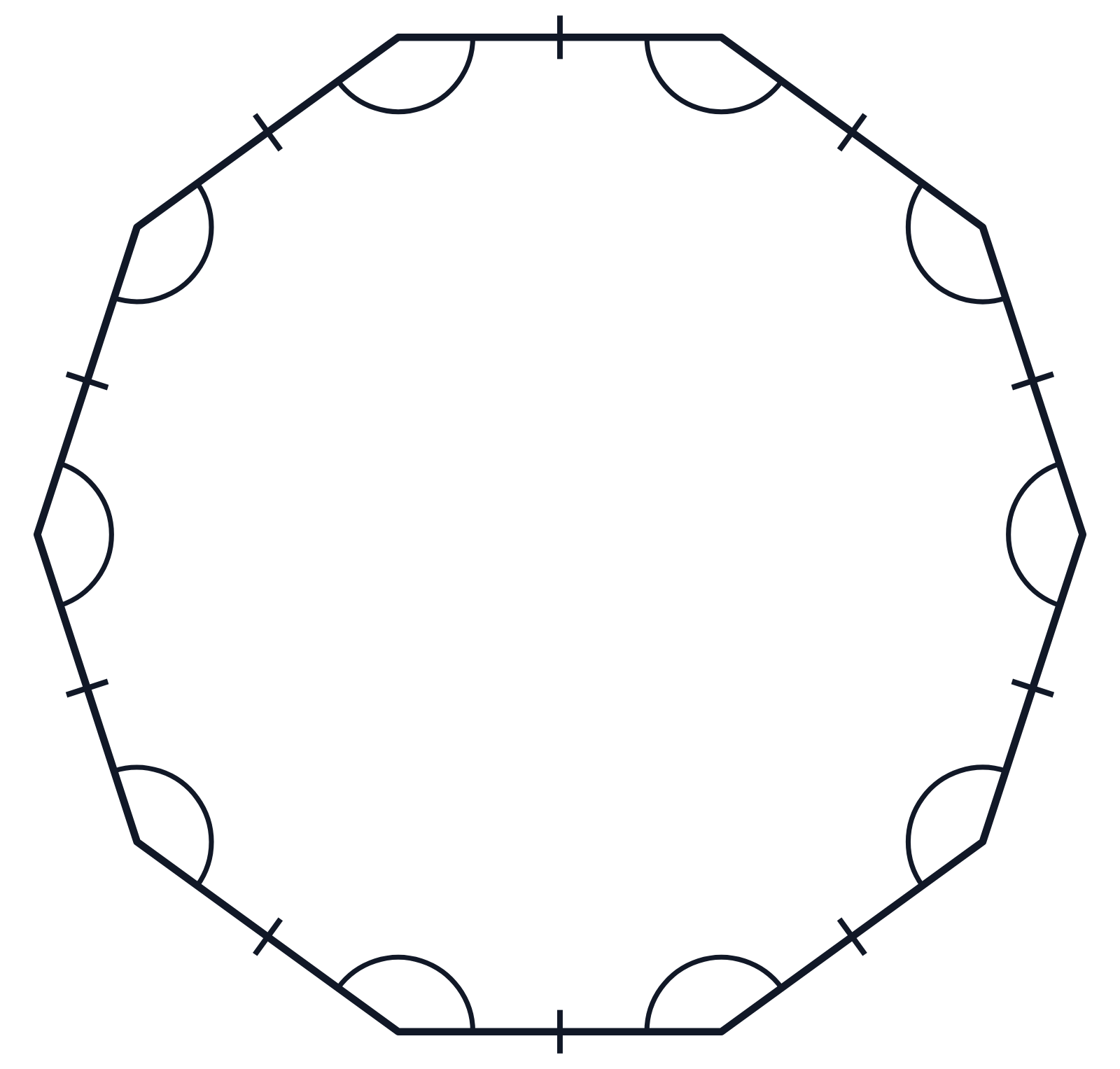 A regular decagon with one tick mark on every side and an arc in every corner, and no numbers
