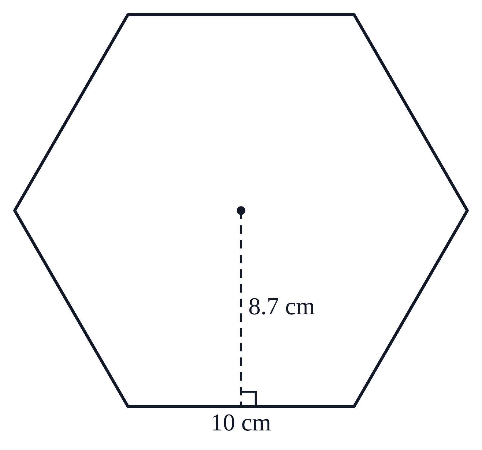 A regular hexagon with its bottom side labeled 10 cm and a dashed apothem from the center dot to that side labeled 8.7 cm