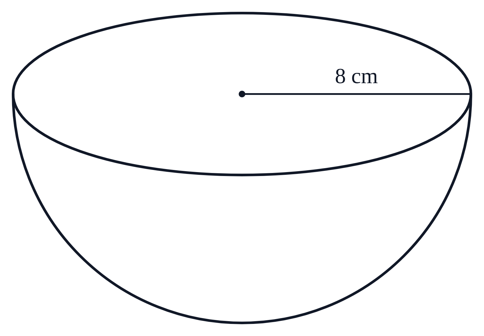 A hemisphere with its flat face up, like a bowl, and a radius across its top labeled 8 cm