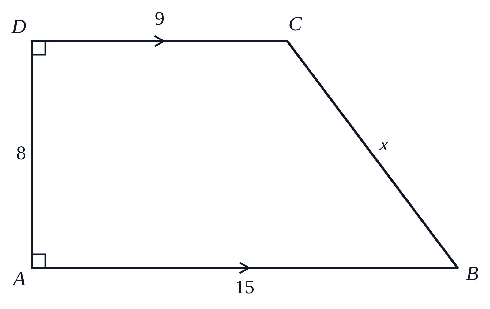 A right trapezoid with bases 15 and 9, a vertical leg of 8 and the slanted leg labeled x