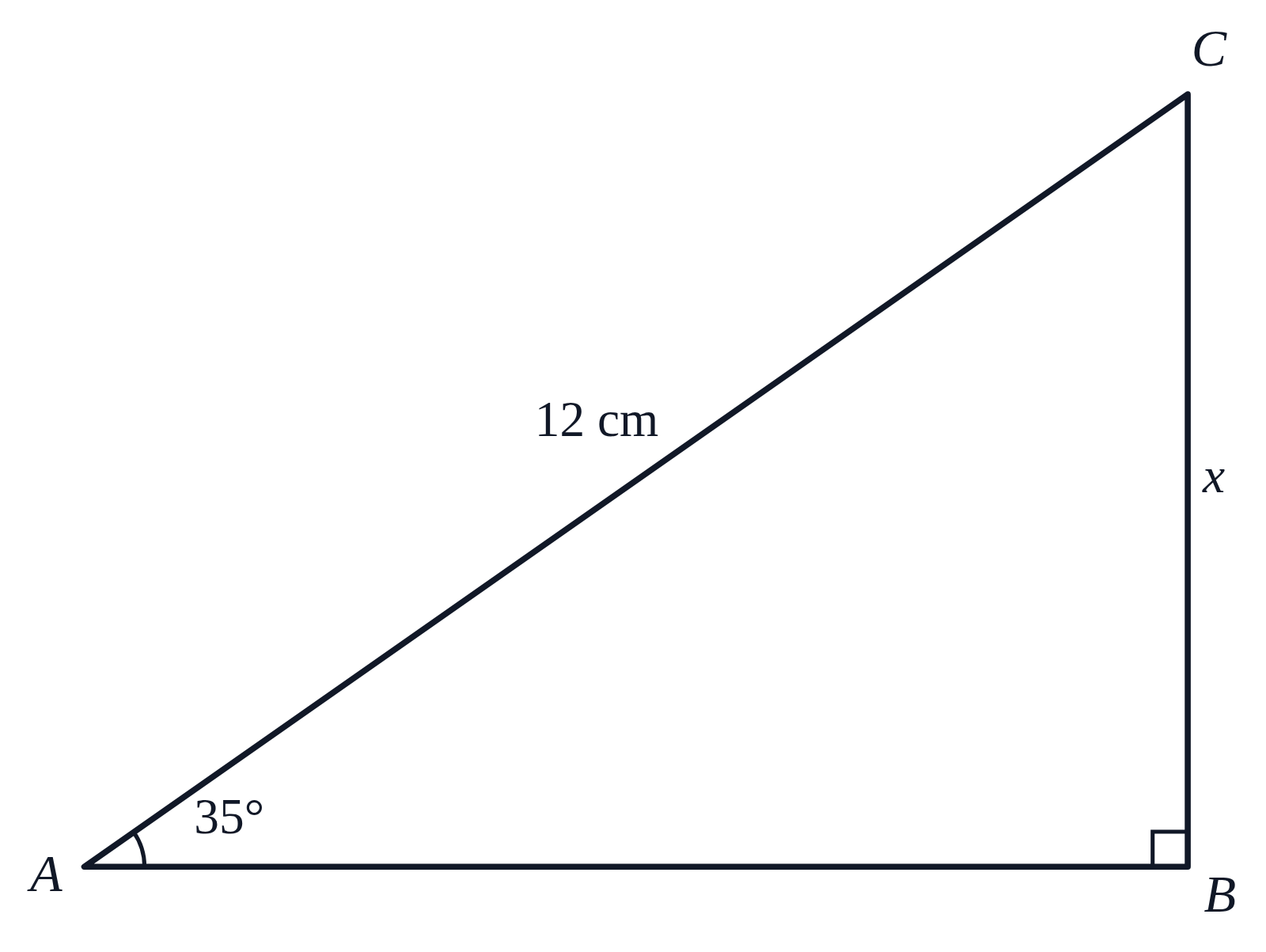 Right triangle ABC with a 35° angle at A, a right angle at B, the hypotenuse labeled 12 cm and the side opposite A labeled x